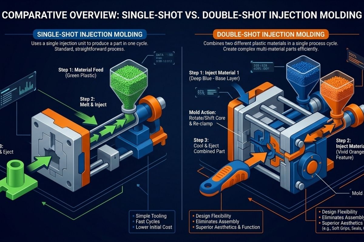 So sánh cấu tạo khuôn ép nhựa thông thường và khuôn ép 2 màu double-shot.
