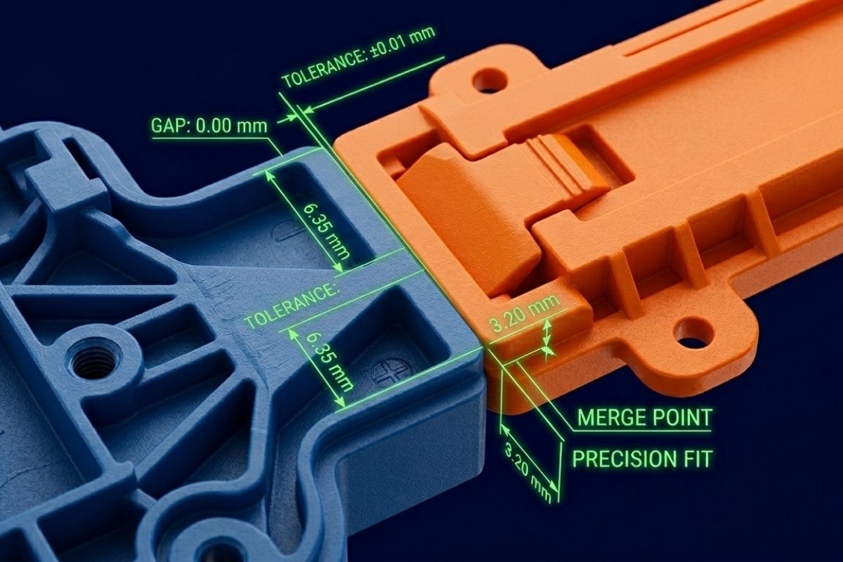 Mối nối hoàn hảo không bavia của sản phẩm đúc nhựa 2 thành phần.