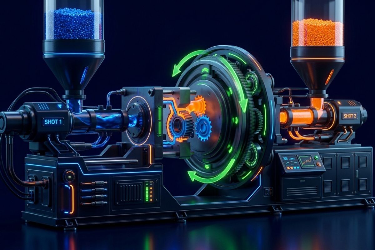 Sơ đồ 3D máy ép nhựa double-shot với nòng bơm đôi và đế khuôn xoay.