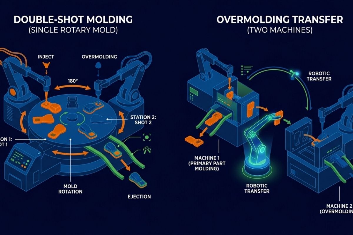 Điểm khác biệt giữa quy trình đúc double shot và ép phủ overmolding.