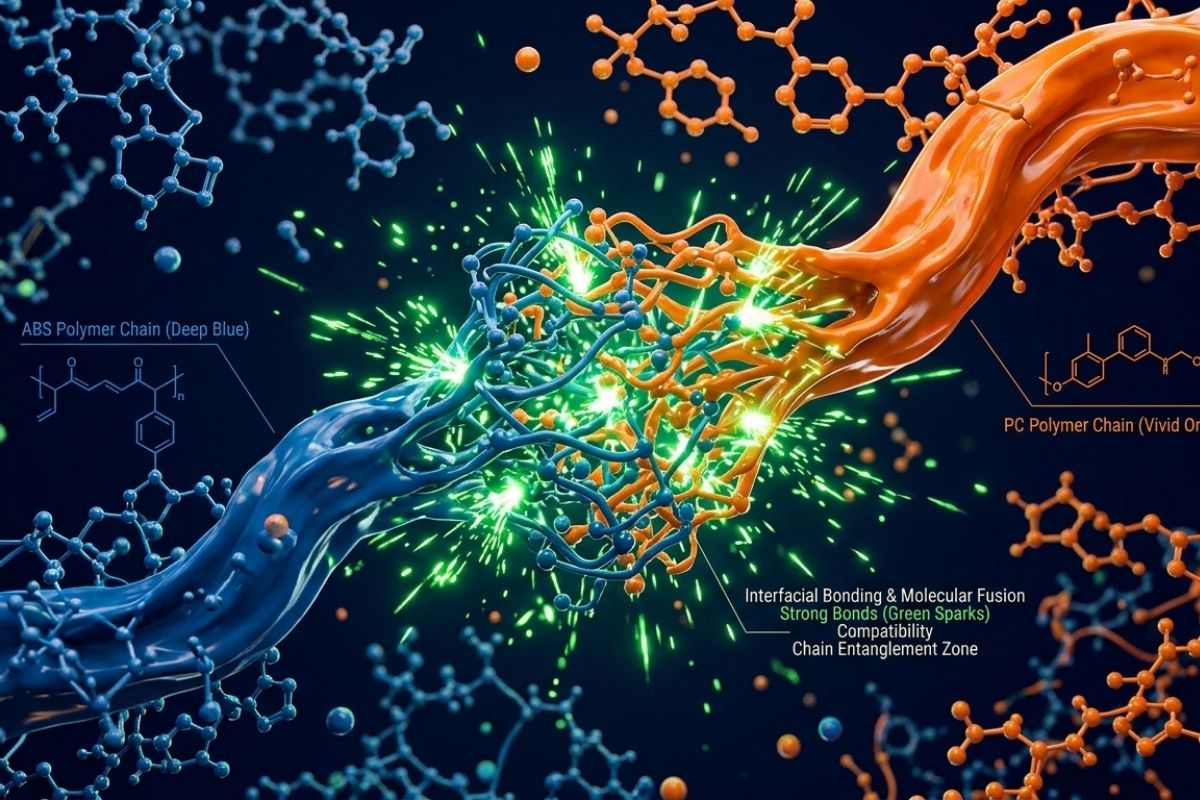 Mô phỏng sự liên kết phân tử giữa hai loại nhựa ABS và PC trong khuôn ép.