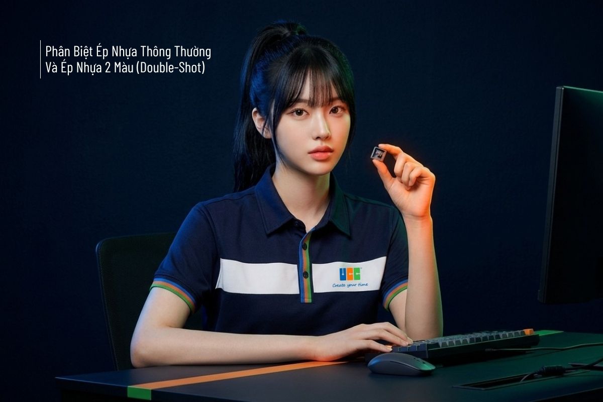 Nữ nhân viên kiểm tra chất lượng keycap ép nhựa 2 màu tại văn phòng