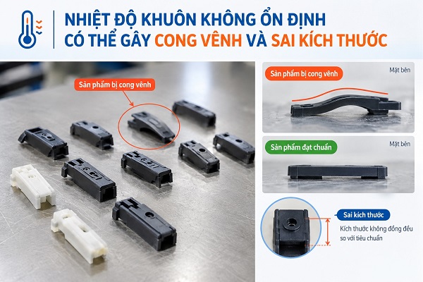 Nhiệt độ khuôn không ổn định có thể gây cong vênh và sai kích thước